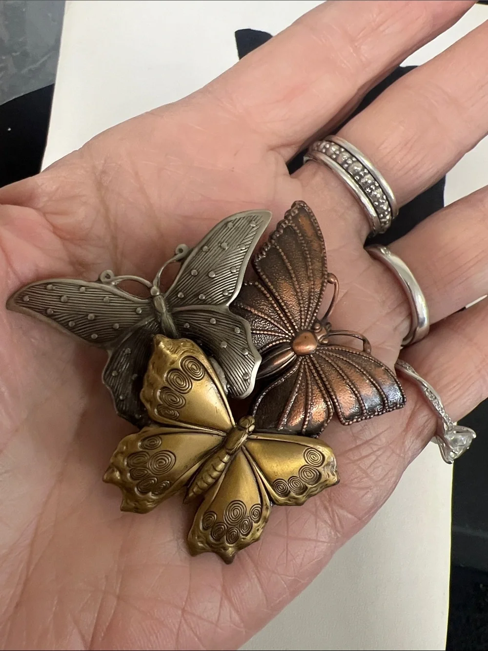 Vintage K & T brooch. Copper, silver, and bronze tone butterfly brooch